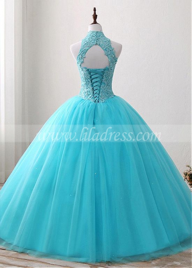 Splendid Tulle & Satin High Collar Floor-length Ball Gown Quinceanera Dresses With Beaded Lace Appliques