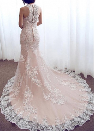 Charming Tulle Jewel Neckline Mermaid Wedding Dress With Lace Appliques