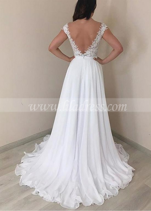 Simple Tulle & Chiffon Jewel Neckline A-line Wedding Dresses With Bowknot & Lace Appliques