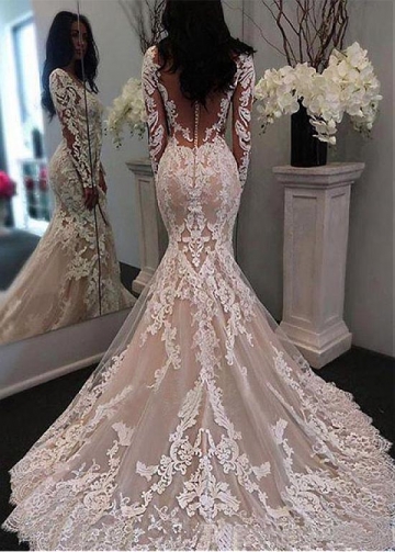 Fabulous Tulle Scoop Neckline Mermaid Wedding Dress With Lace Appliques