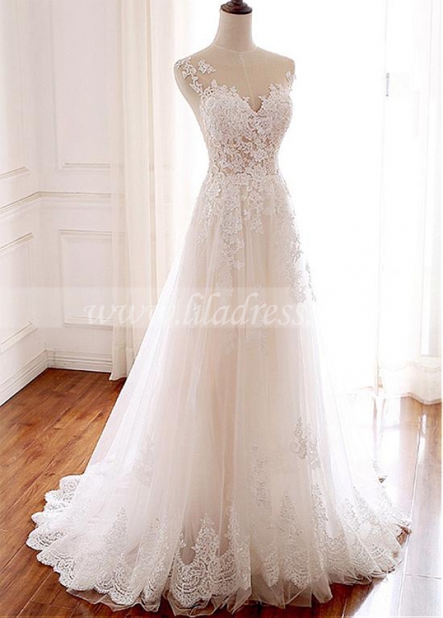 Elegant Tulle Jewel Neckline Full-length A-line Wedding With Lace Appliques