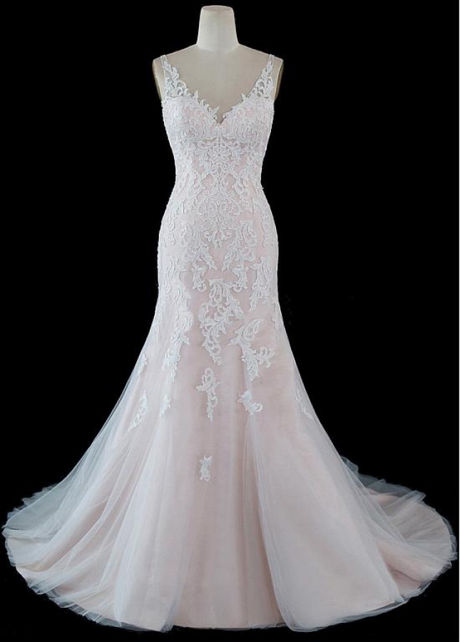 Amazing Tulle V-neck Neckline Mermaid Wedding Dresses With Lace Appliques