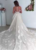 Wonderful Tulle Jewel Neckline 2 In 1 Wedding Dress With Lace Appliques & Beadings & Detachable Skirt