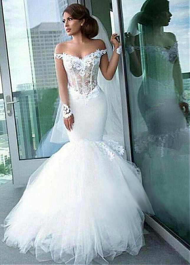 Alluring Tulle Off-the-shoulder Neckline See-through Mermaid Wedding Dress With Lace Appliques