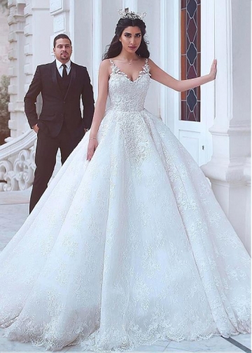 Junoesque Lace V-neck Neckline Ball Gown Wedding Dresses With Lace Appliques & Beadings