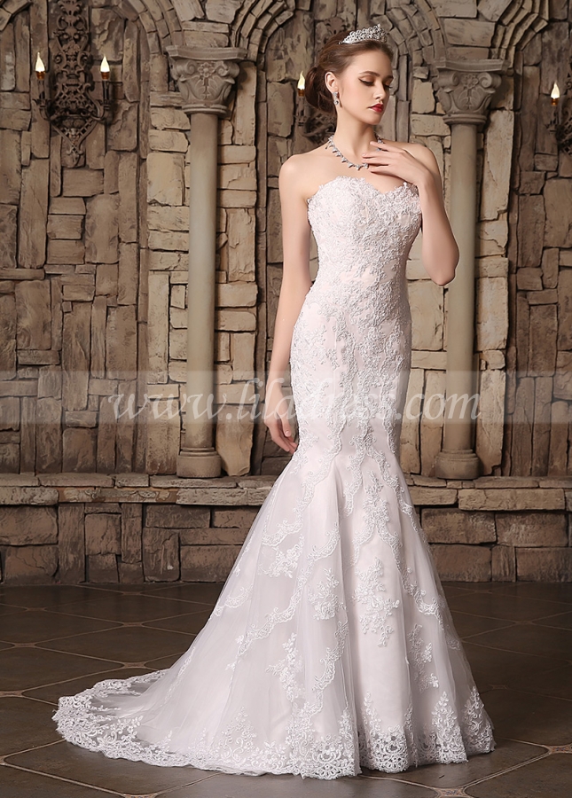 Romantic Tulle Sweetheart Neckline Lace Appliques Mermaid Wedding Dresses