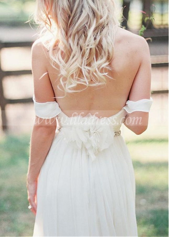 Elegant Chiffon Off-the-shoulder Neckline Sheath Outdoor Wedding Dress