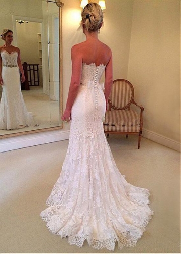 Attractive Lace Sweetheart Neckline Natural Waistline Mermaid Wedding Dress With Lace Appliques & Belt