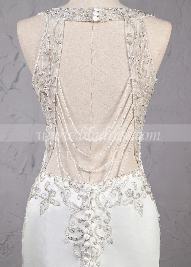 Birlliant Satin V-neck Neckline Mermaid Wedding Dress With Beaded Embroidery