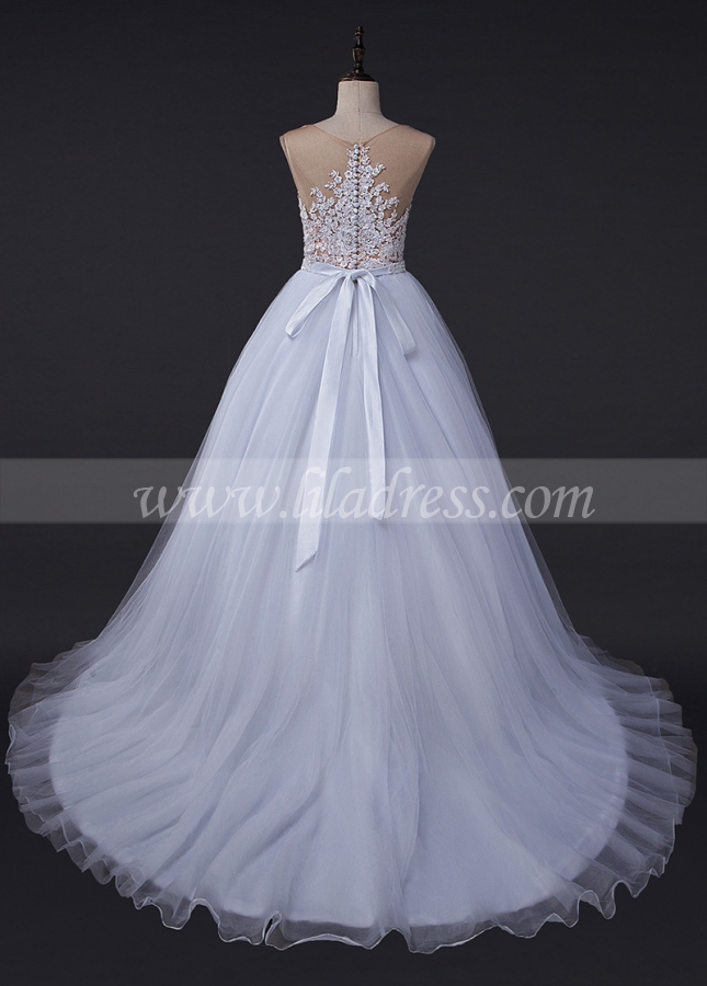 Amazing Tulle Jewel Neckline See-through A-line Wedding Dress With Lace Appliques & Beading & Belt