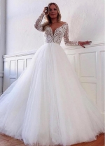 Chic Tulle V-neck Neckline A-line Wedding Dresses With Lace Appliques