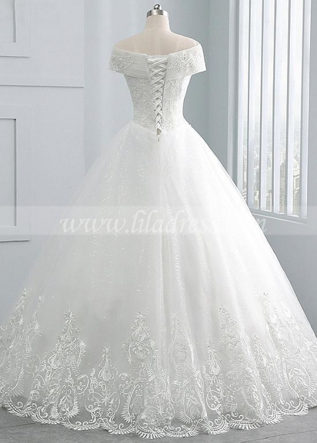 Delicate Tulle Off-the-shoulder Neckline Ball Gown Wedding Dresses With Beadings & Lace Appliques