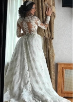 Exquisite Tulle Jewel Neckline 2 In 1 Wedding Dresses With Beaded Lace Appliques & 3D Flowers & Detachable Skirt