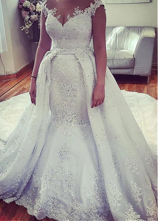 Splendid Tulle Jewel Neckline 2 In 1 Wedding Dresses With Lace Appliques & Detachable Skirt & Rhinestones