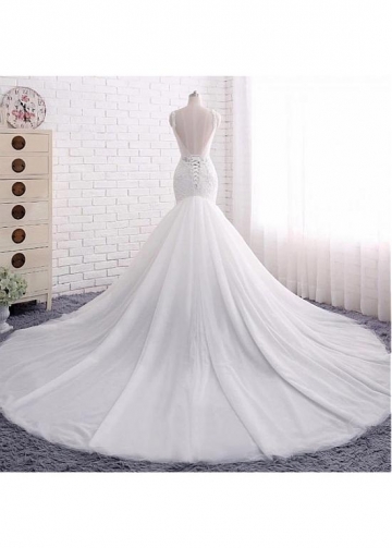 Attractive Tulle Spaghetti Straps Neckline Backless Mermaid Wedding Dresses With Beaded Lace Appliques