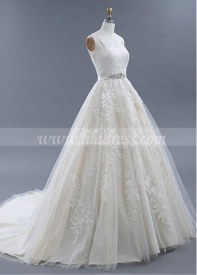 Graceful Tulle Spaghetti Straps Neckline A-line Wedding Dresses With Lace Appliques & Belt