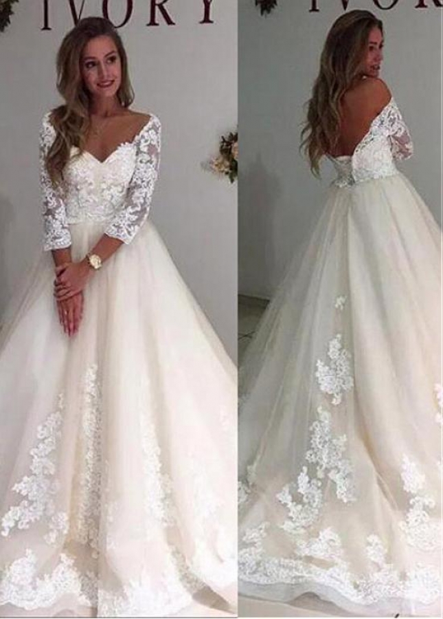 Wonderful Tulle V-neck Neckline A-line Wedding Dress With Lace Appliques