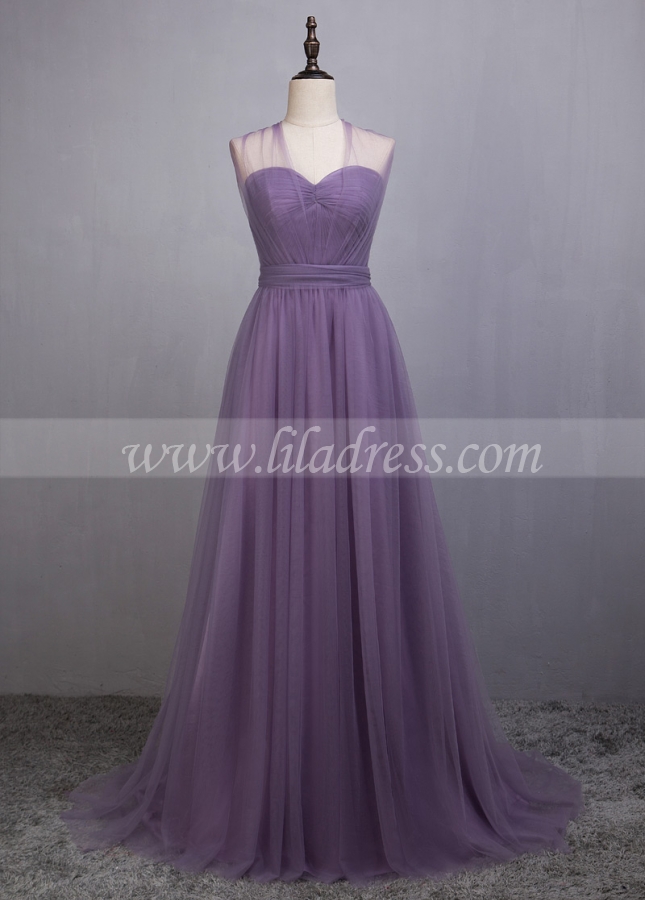 Elegant Tulle Sweetheart Neckline Full-length A-line Convertible Bridesmaid Dress With Pleats