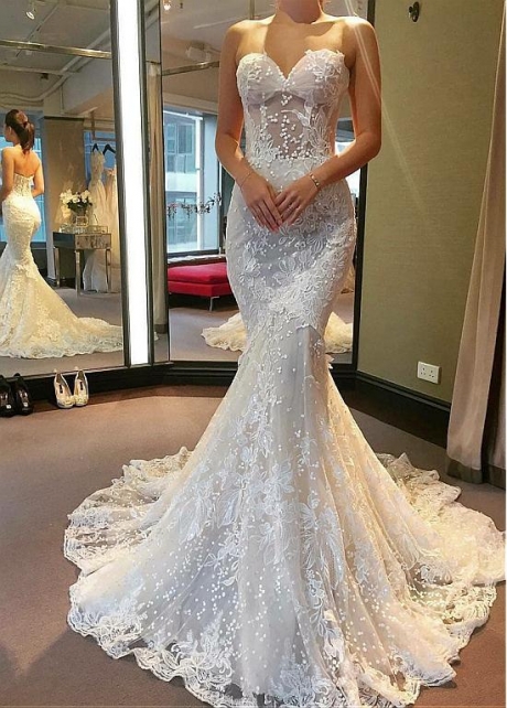 Fantastic Tulle Sweetheart Neckline See-through Bodice Mermaid Dress With Lace Appliques