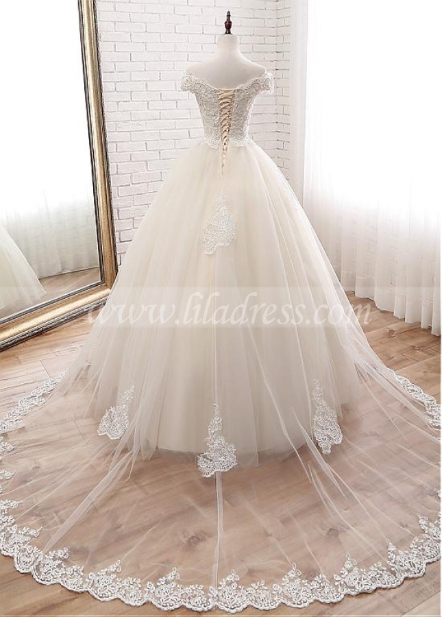 Attractive Tulle Off-the-shoulder Neckline Ball Gown Wedding Dress With Lace Appliques & Beadings