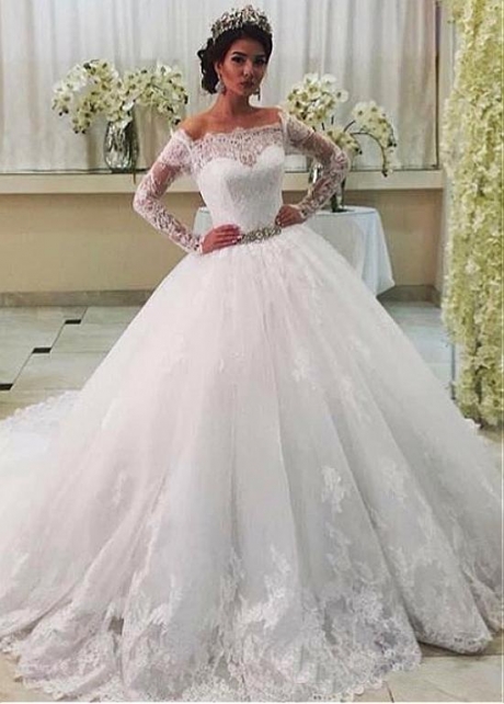 Gorgeous Tulle Off-the-shoulder Neckline Ball Gown Wedding Dress With Lace Appliques & Belt