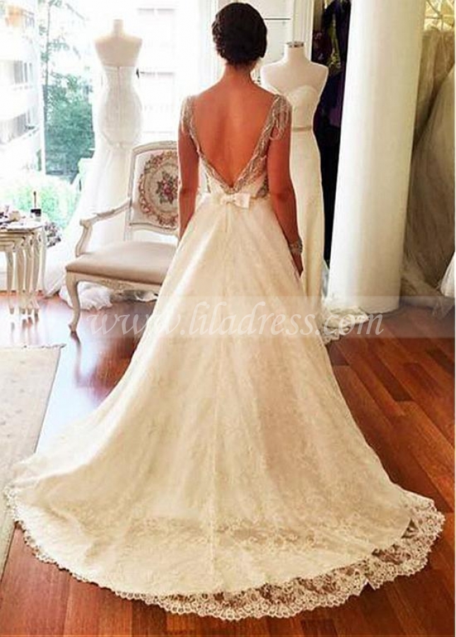 Fantastic Lace Sweetheart Neckline Natural Waistline A-line Wedding Dress With Beadings & Bowknot