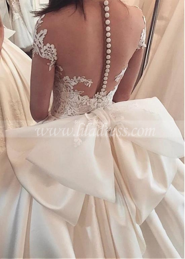 Fascinating Tulle & Satin Sheer Jewel Neckline Ball Gown Wedding Dress With Lace Appliques & Belt & Bowknot