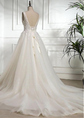 Romantic Tulle V-neck Neckline Natural Waistline A-line Wedding Dress With Lace Appliques & Beadings