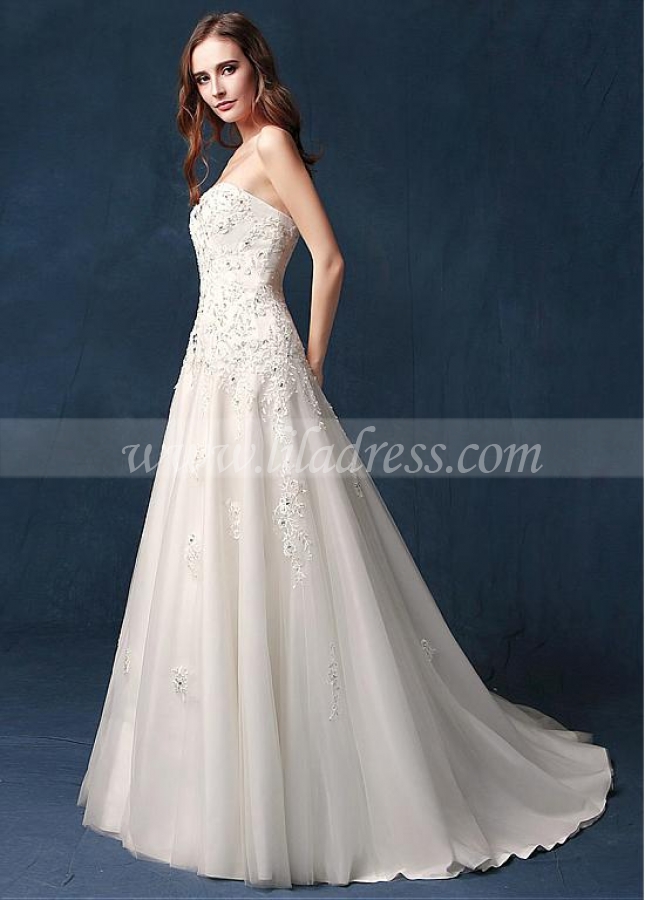 Delicate Tulle Strapless Neckline Natural Waistline A-line Wedding Dress With Beaded Lace Appliques