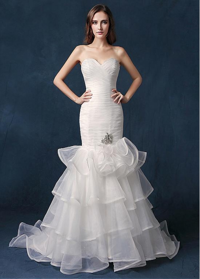 Gorgeous Organza Sweetheart Neckline Natural Waistline Mermaid Wedding Dress With Rhinestones & Ruffles
