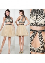 Fabulous Tulle Halter Neckline A-Line Two-piece Short Homecoming Dresses With Beadings