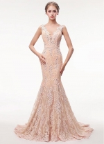 Stunning Champagne Lace V-neck Neckline Floor-length Mermaid Evening Dress