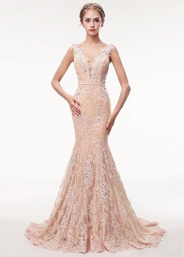 Stunning Champagne Lace V-neck Neckline Floor-length Mermaid Evening Dress