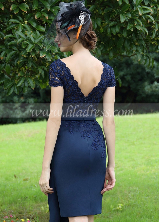 Sheer Lace Bateau Neck Chiffon Navy Blue Short Bride Mother Dress with Sleeves