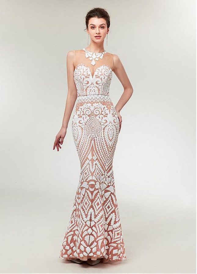 Fashion Sequin Lace Jewel Neckline Mermaid Prom Dress