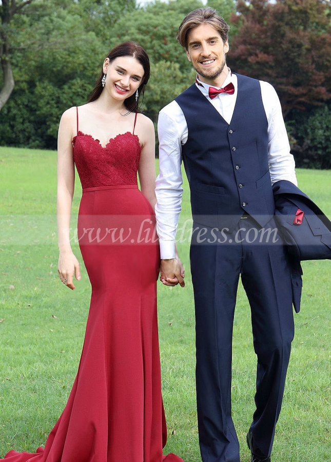 Sweetheart Lace Satin Red Mermaid Evening Dresses with Spaghetti Straps