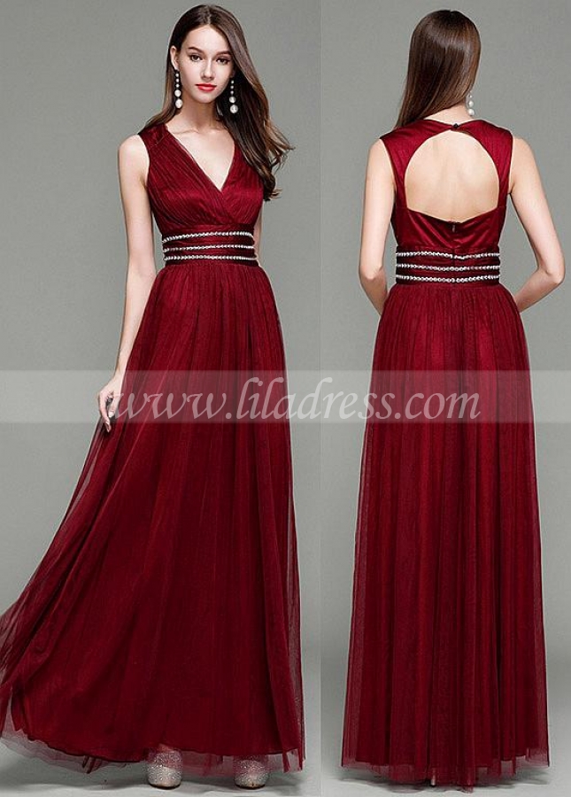 Stunning Tulle V-neck Neckline Floor-length A-line Prom Dress With Beadings