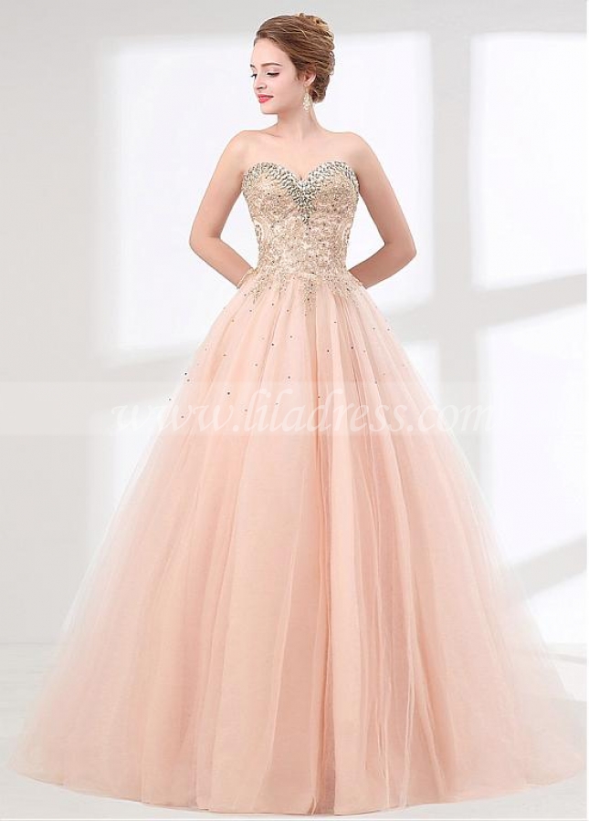 Absorbing Tulle Sweetheart Neckine A-line Prom Dress With Beadings & Rhinestones & Lace Appliques