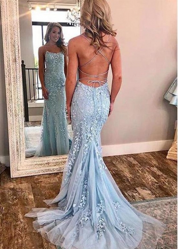 Fabulous Tulle Spaghetti Straps Neckline Floor-length Mermaid Evening Dresses With Lace Appliques