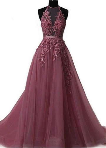 Glamorous Tulle Halter Neckline Floor-length A-line Prom Dresses With Beaded Lace Appliques & Belt