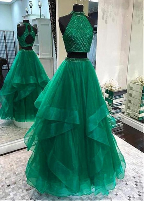 Junoesque Tulle High Collar Two-piece A-line Prom Dresses With Beadings