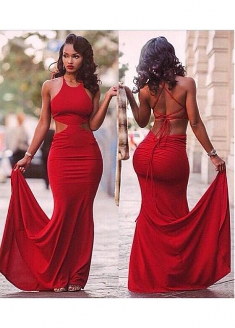 Red Open Back Mermaid Evening Dresses