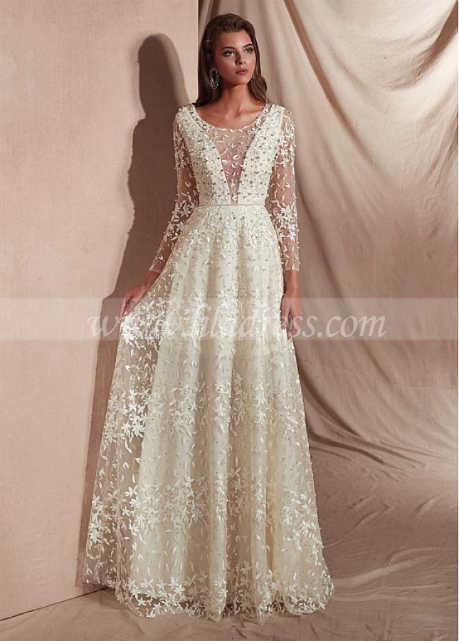 Fabulous Lace & Tulle Scoop Neckline Floor-length A-line Prom Dresses With Beadings