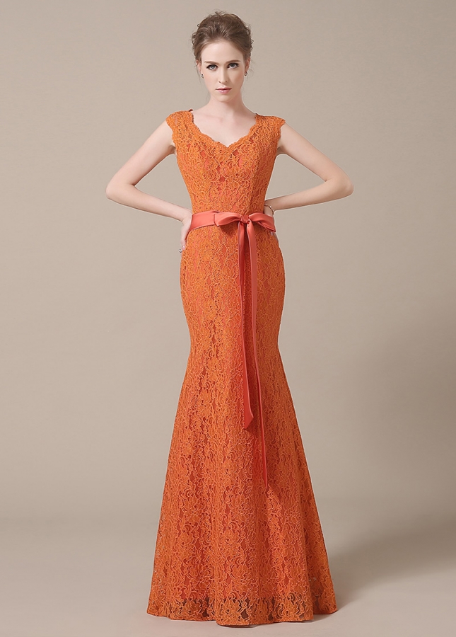 Elegant Lace V-neck Neckline Mermaid Orange Bridesmaid Dresses