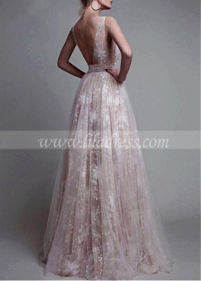 Splendid Tulle V-neck Neckline Floor-length A-line Prom Dresses With Lace Appliques