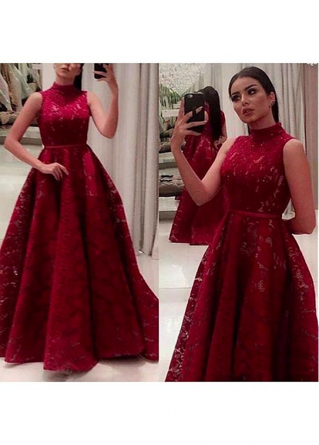 Marvelous Lace High Collar Floor-length A-line Prom Dresses With Beadings & Belt