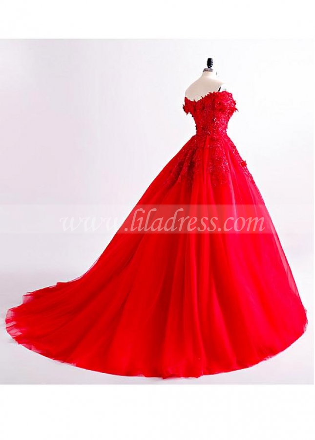 Eye-catching Tulle Off-the-shoulder Neckline Floor-length A-line Evening Dress With Beadings & Lace Appliques