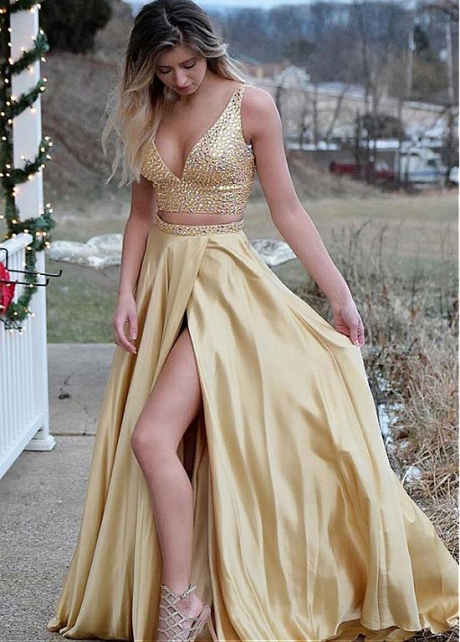 Beautiful V-neck Neckline Two-piece A-line Prom Dress With Beadings & Slit