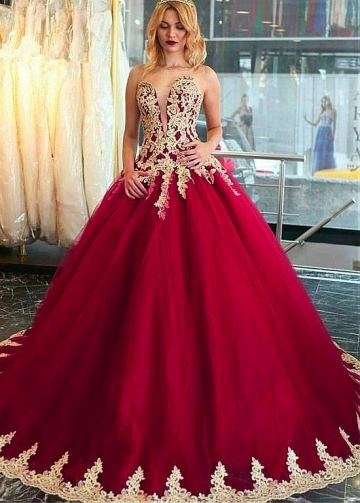 Unique Tulle Sweetheart Neckline Ball Gown Prom Dress With Beaded Lace Appliques
