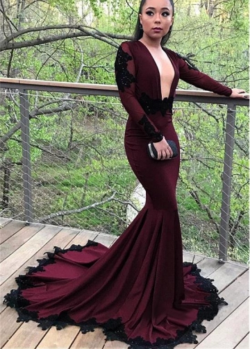 Formal Acetate Satin V-neck Neckline Long Sleeves Backless Mermaid Evening Dress With Beaded Lace Appliques